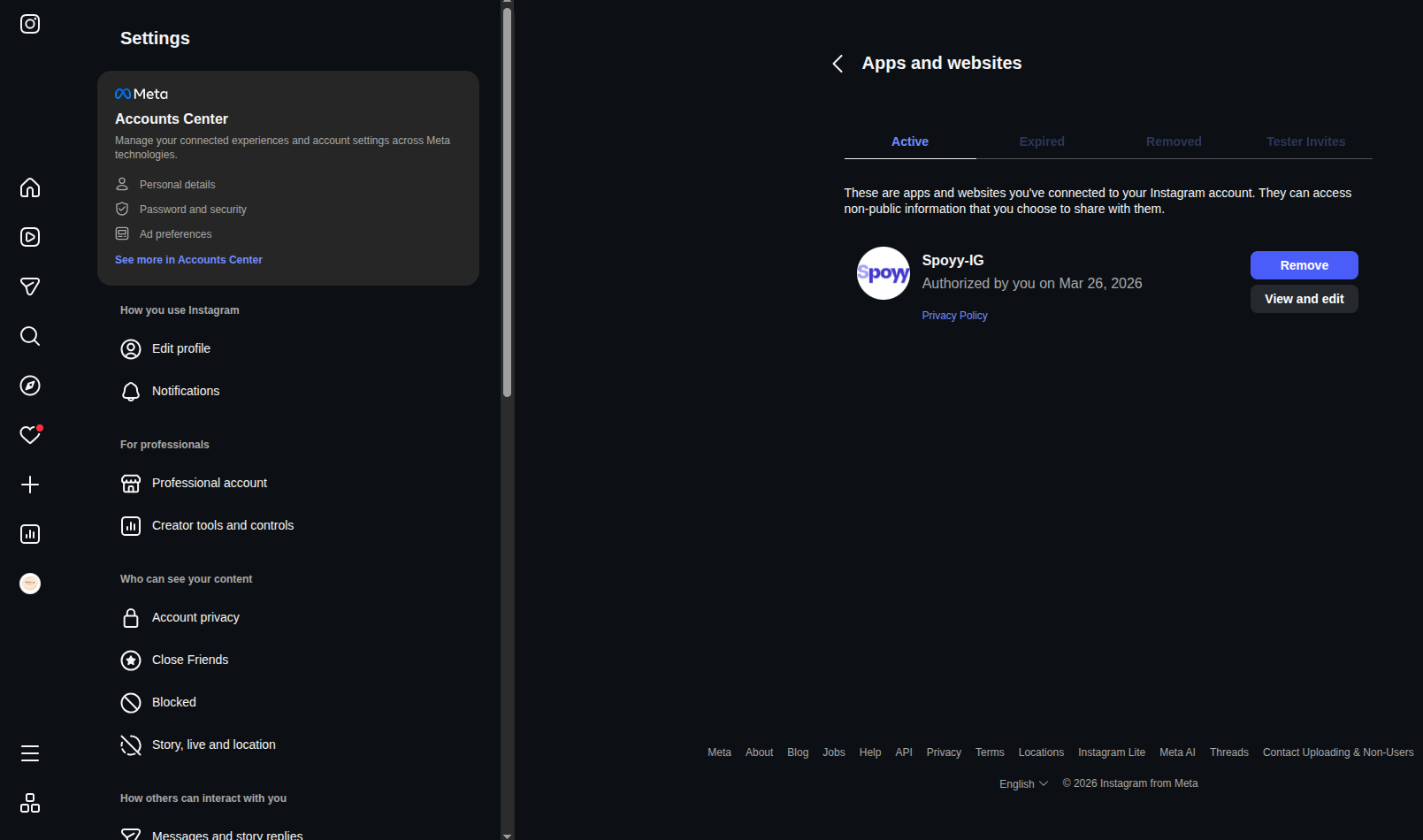 Apps and websites screen filtered to the Active tab