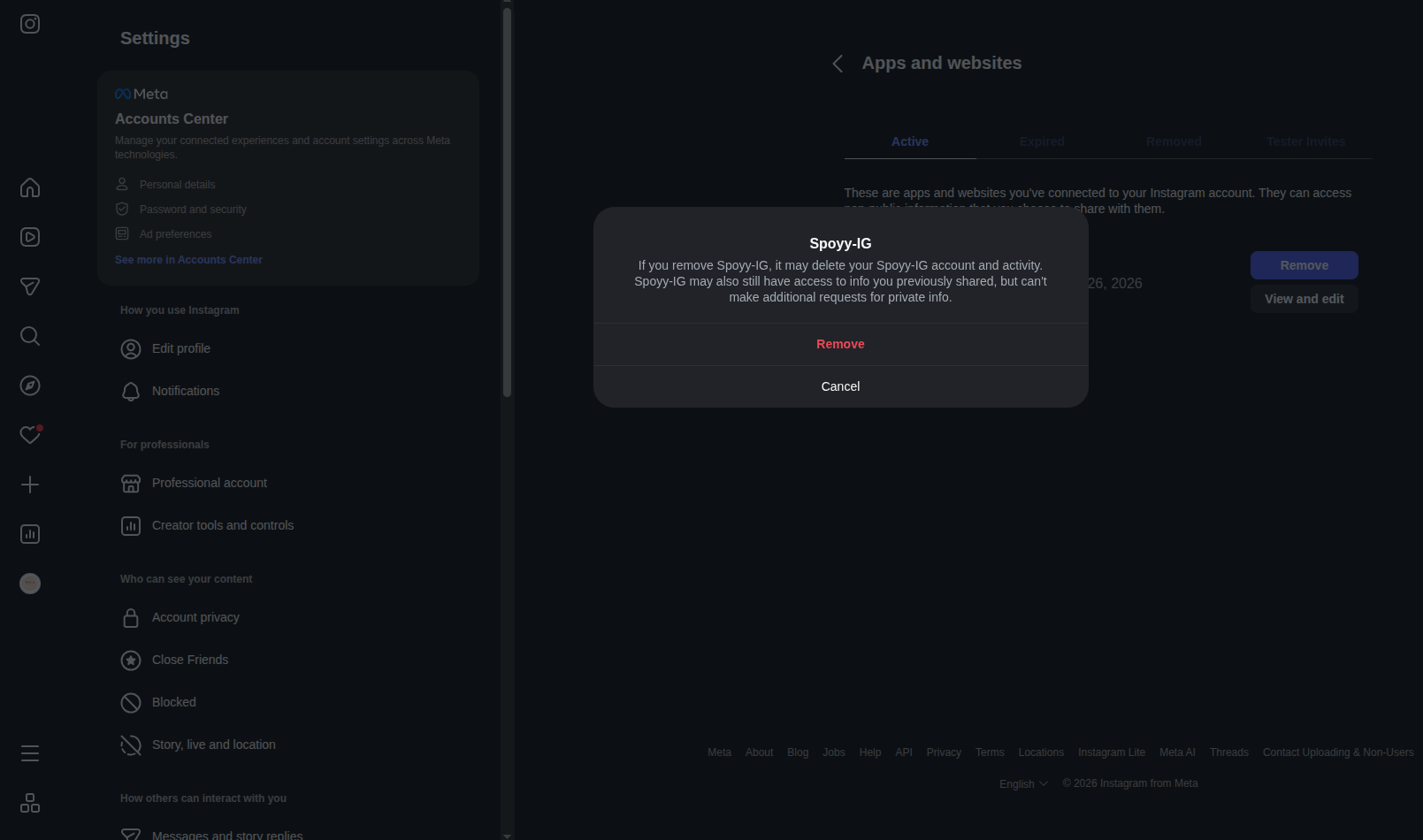 Confirmation dialog to remove the Spoyy-IG app access